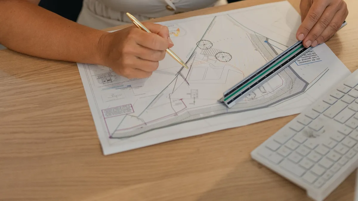 A close-up of hands drafting a site plan by hand with a pencil and ruler.