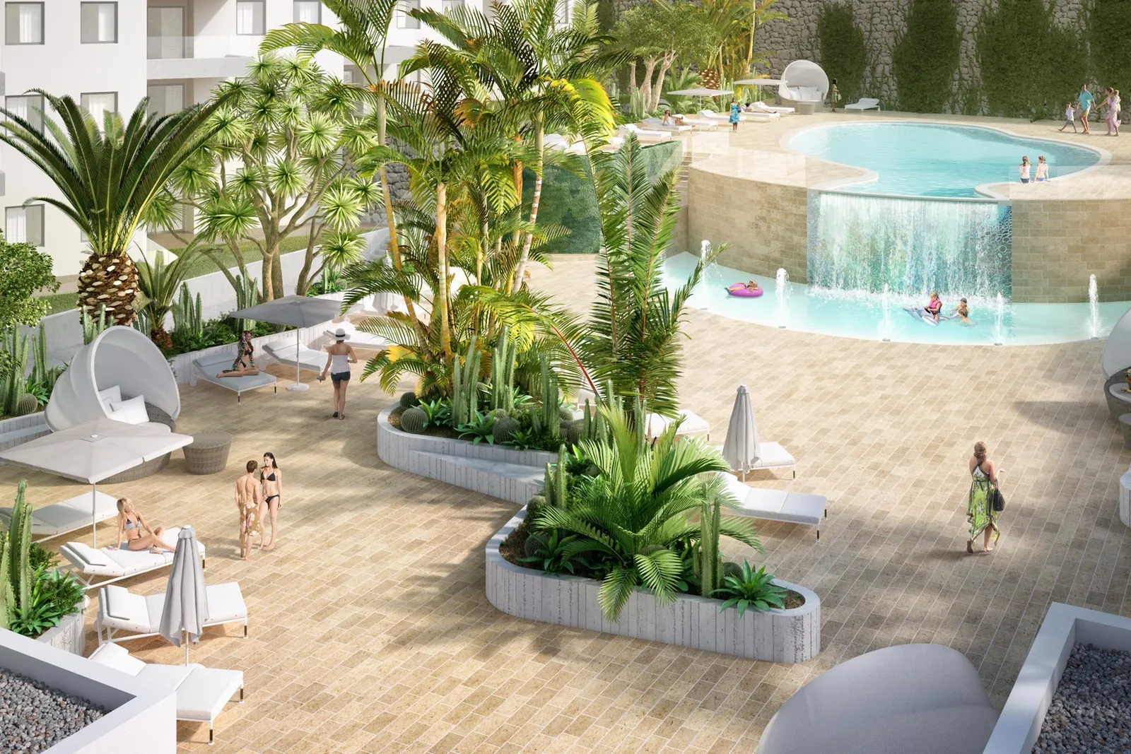 Biały budynek apartamentowy z perforowanymi organicznymi ażurami balkonów, w ramie palm na tle nieba smugowanego chmurami.
