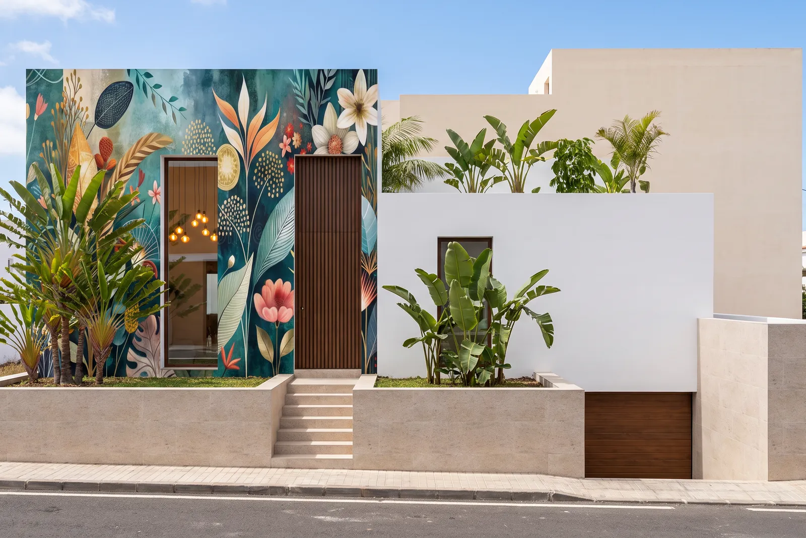 Exterior render of a single-storey home with an entrance facade covered in a colourful botanical mural, framed by banana palms and a stone garden wall.