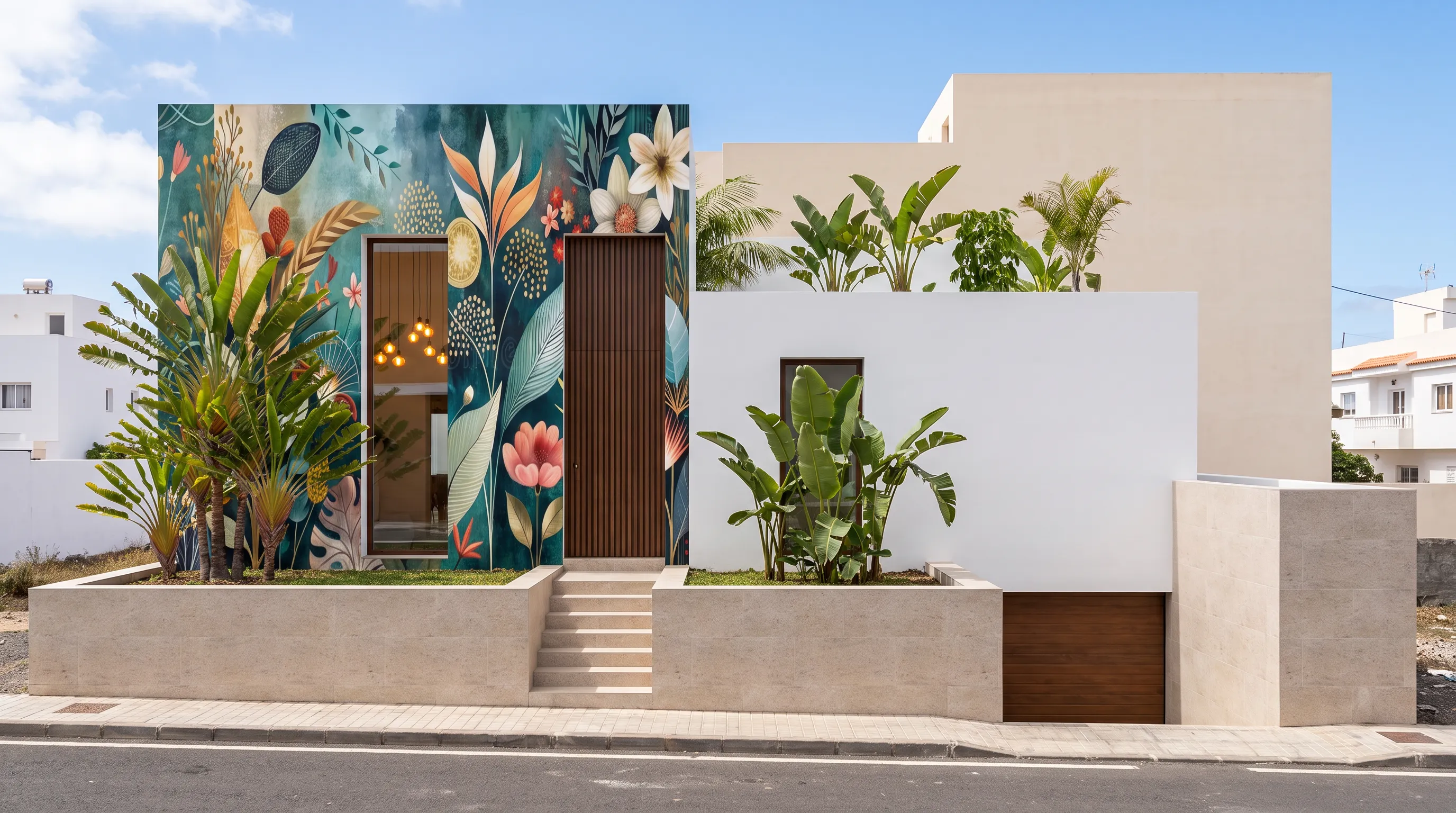 Render exterior de una vivienda de una planta con una fachada de entrada cubierta por un mural botánico de color, enmarcada por plataneras y un muro de piedra de jardín.
