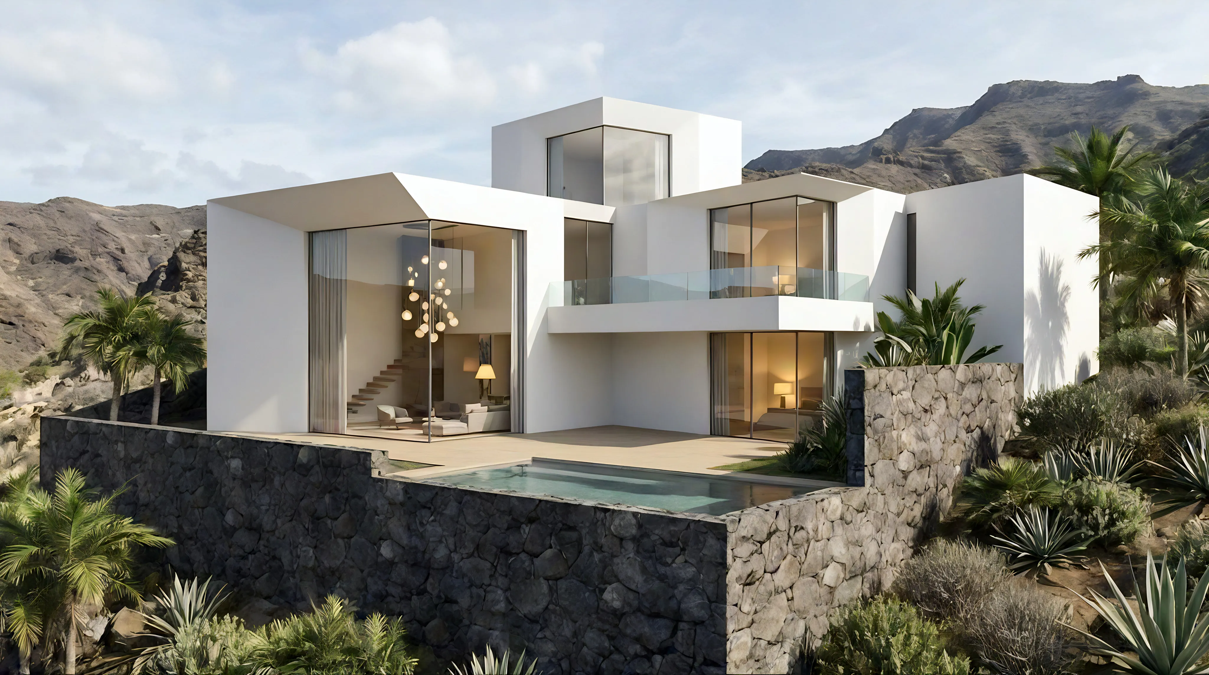 Villa blanca en lo alto de un acantilado con volúmenes en voladizo sobre el horizonte marino, bordeada por un muro de piedra volcánica y vegetación desértica.