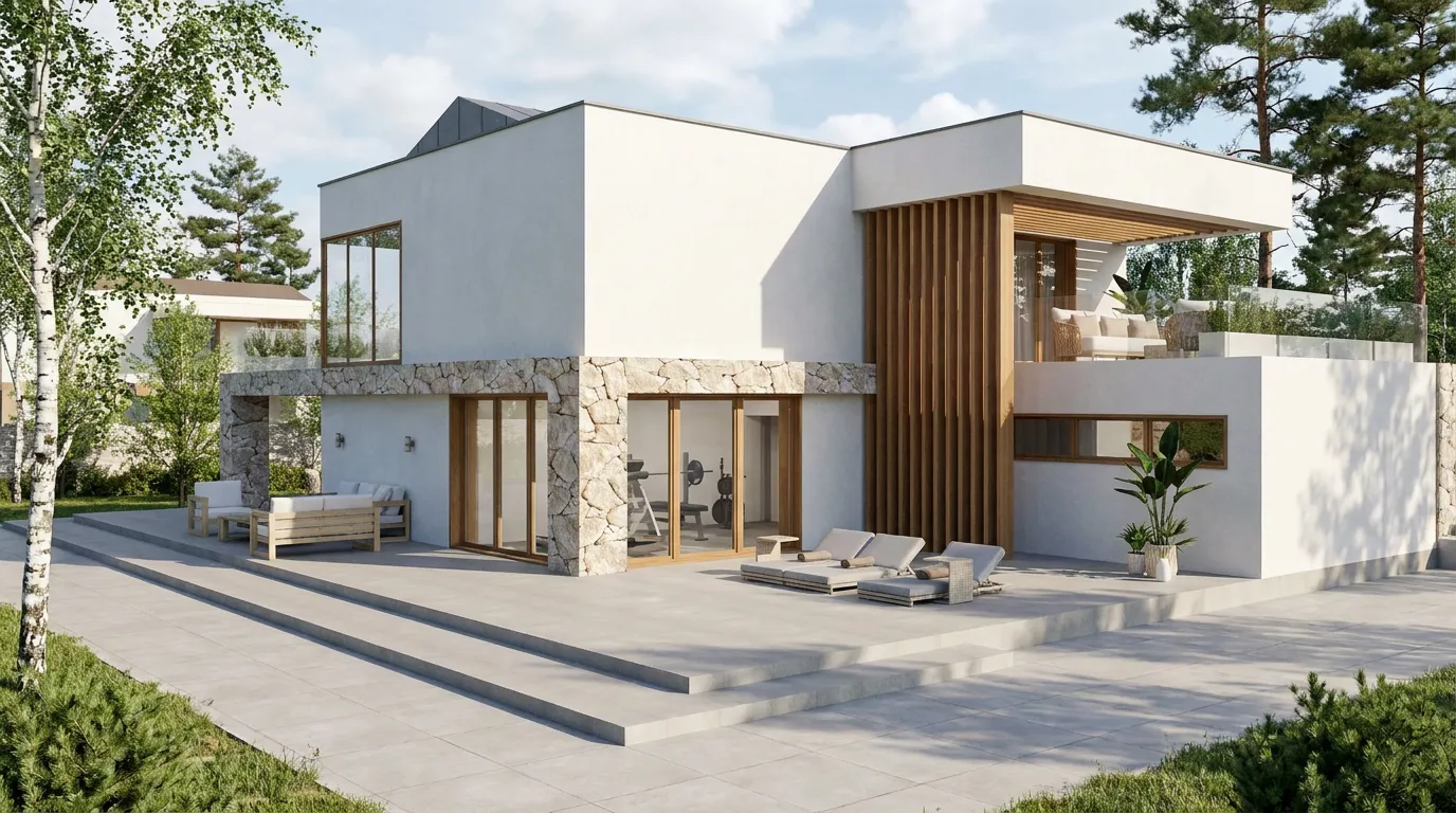 Rear facade of Duna villa with a ground-floor home gym behind glazed sliding doors, a stone-clad corner, and an upper terrace with lounge seating.