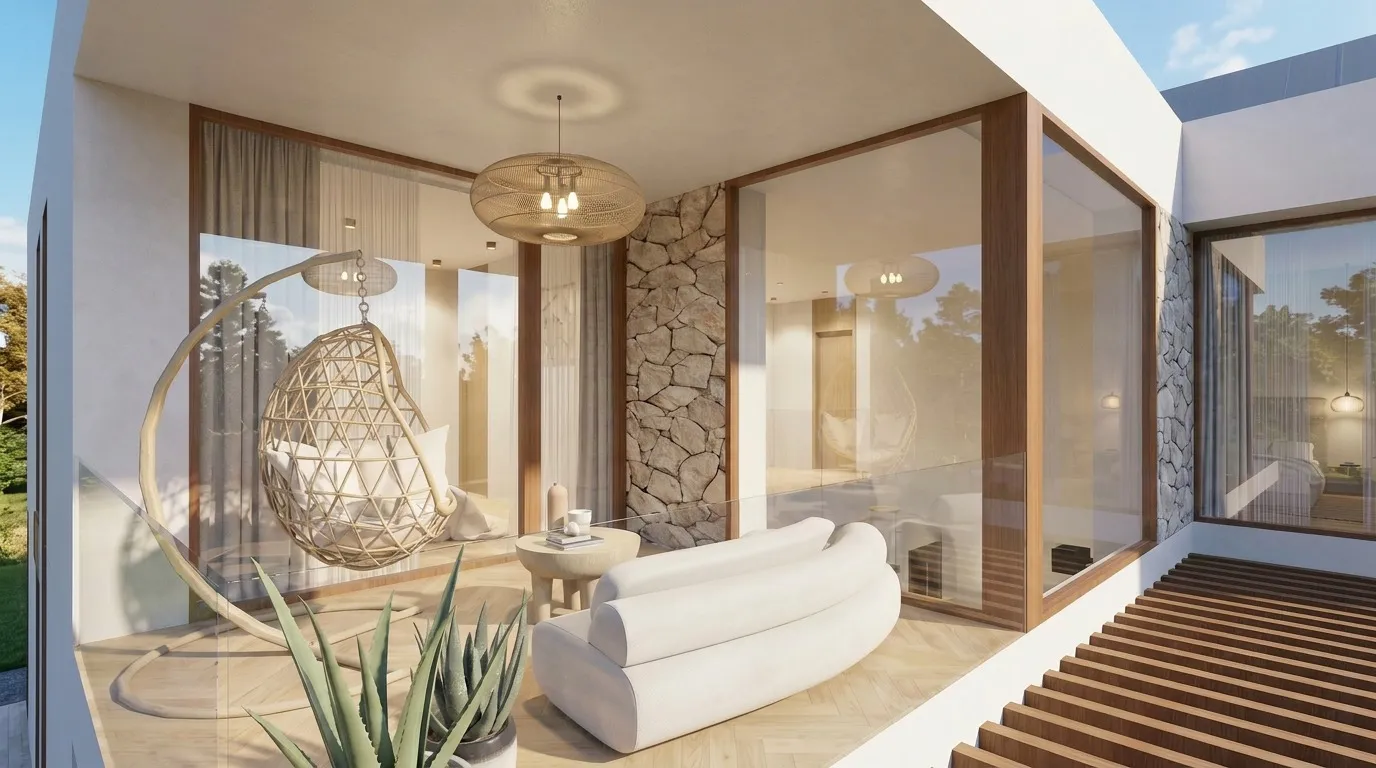 Covered upper balcony with a hanging rattan lounge chair, a stone accent wall, and a glass balustrade overlooking the garden.