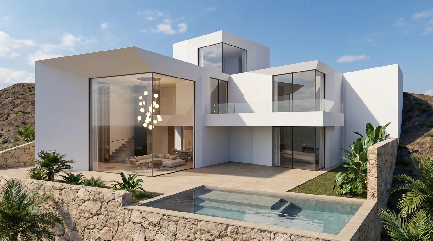 Clifftop white villa with cantilevered volumes overlooking the ocean horizon, edged by a rugged volcanic stone retaining wall and desert landscaping.