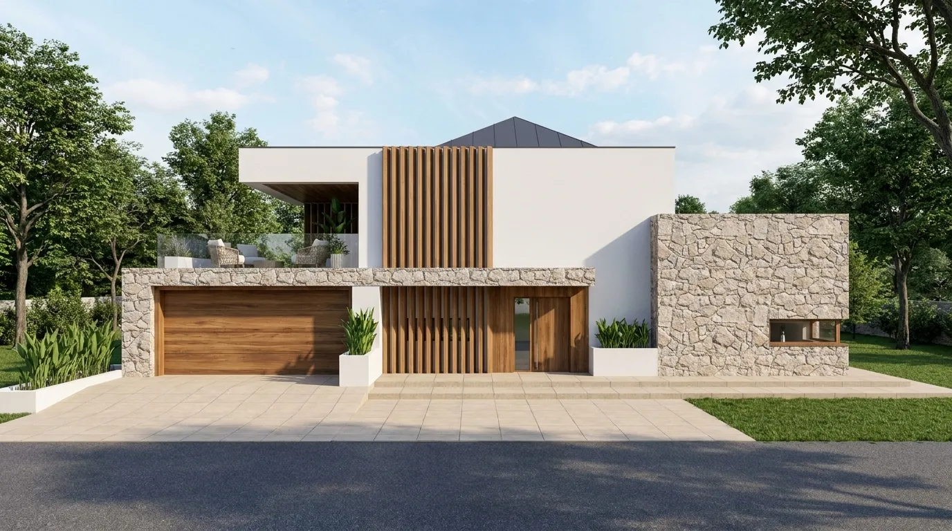 Fachada principal de la villa Duna con revoco blanco, una pantalla de entrada de lamas de madera vertical, revestimiento de piedra partida y una terraza superior cubierta.