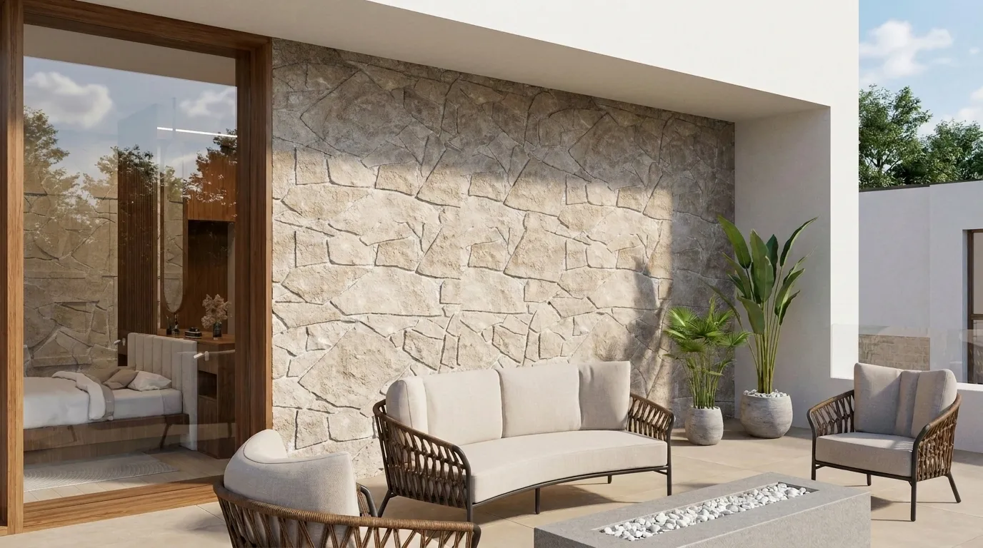 Covered terrace with a stone accent wall, woven lounge chairs, and a built-in fire pit table overlooking the garden.