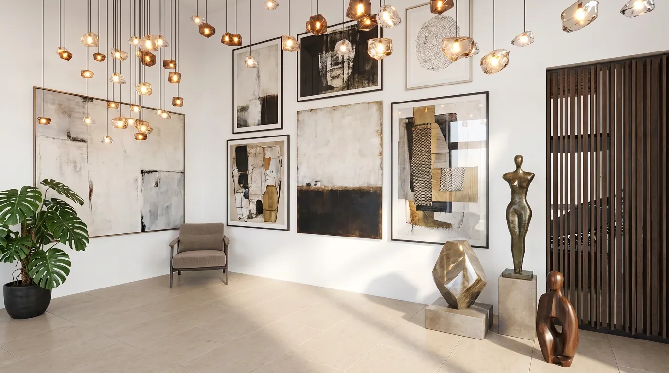 Render of the double-height entrance gallery hung with abstract artworks and sculptures beneath a cluster of pendant lights.