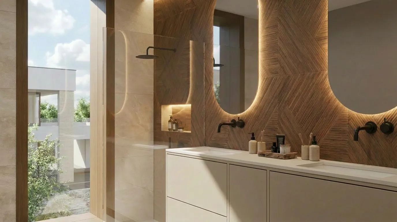 En-suite bathroom with a timber-textured feature wall, twin vessel sinks, backlit oval mirrors, and a glass shower opening onto a garden view.