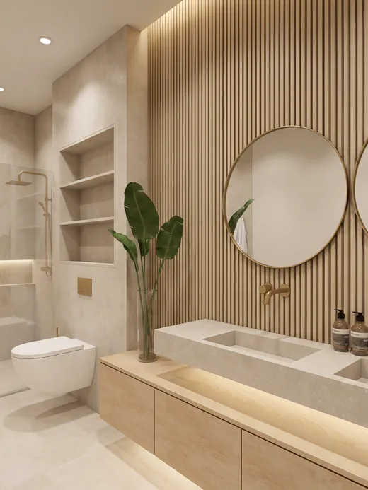 En-suite bathroom with a timber-slat wall, two oversized round brass-framed mirrors, a floating oak vanity with twin sinks, and a walk-in shower.