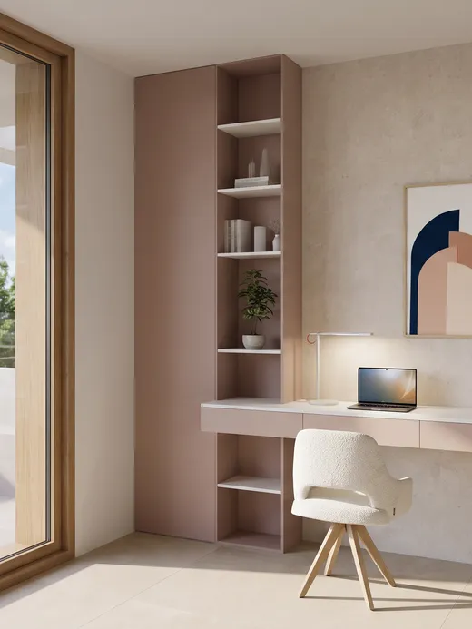 Built-in desk nook with dusty-rose cabinetry, open shelving, a task lamp, and a pair of abstract artworks beside a glazed door to the terrace.