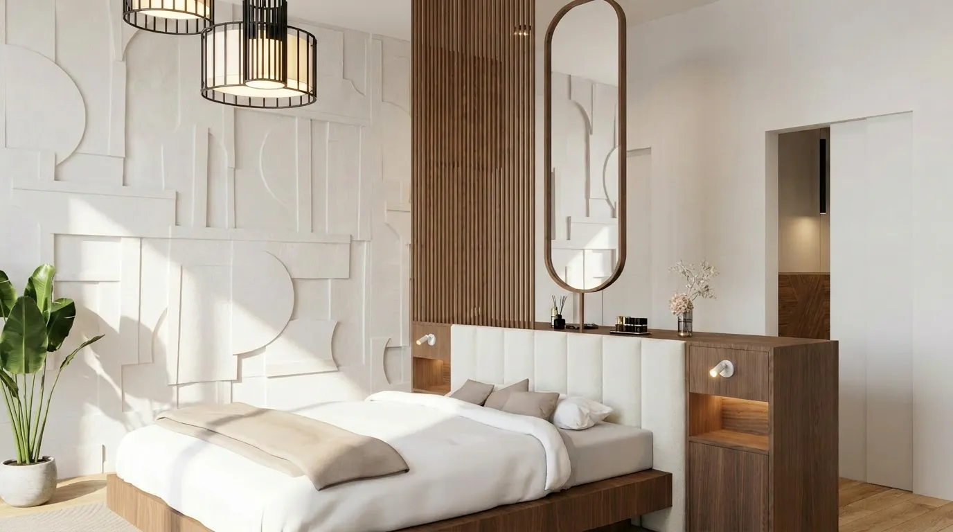 Primary bedroom with a sculpted plaster feature wall, a floating oak vanity, an oval mirror, and pendant lighting over the bed.