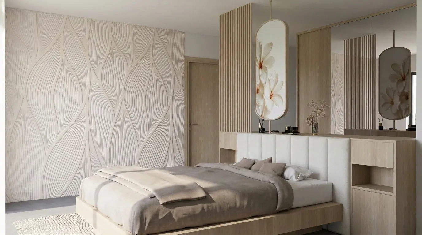 Primary bedroom with a sculpted wave-pattern feature wall, a floating oak bed, and a floral-motif backlit mirror panel.