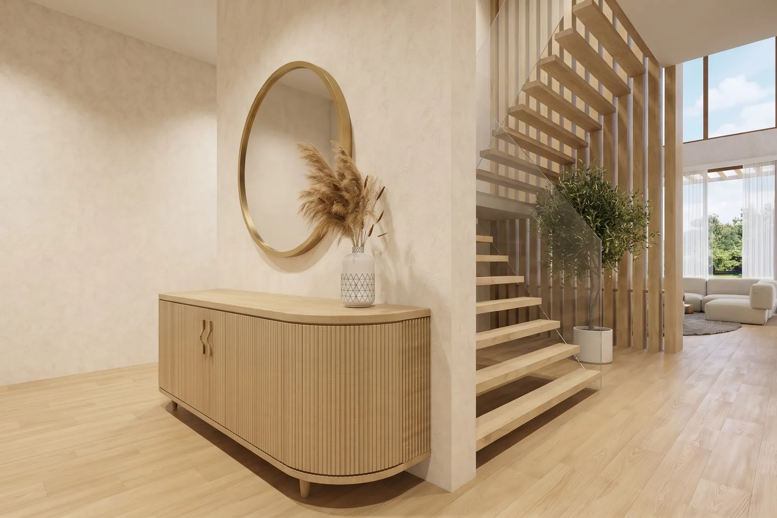Entry hall with a round brass-framed mirror, a curved oak console table, and a floating timber staircase rising beside a glazed stairwell.
