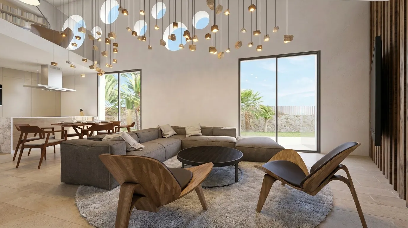 Salón con sofá modular gris, sillones de madera curvada y puertas correderas de cristal de altura completa hacia el jardín.