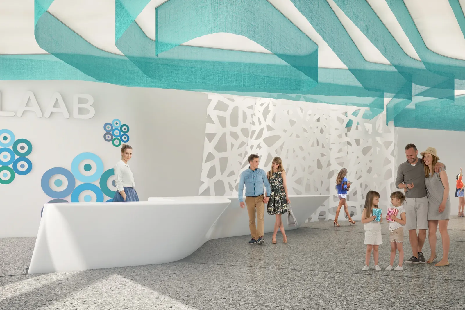 Zona de recepción con detalles de techo en cintas turquesa y una celosía blanca perforada.