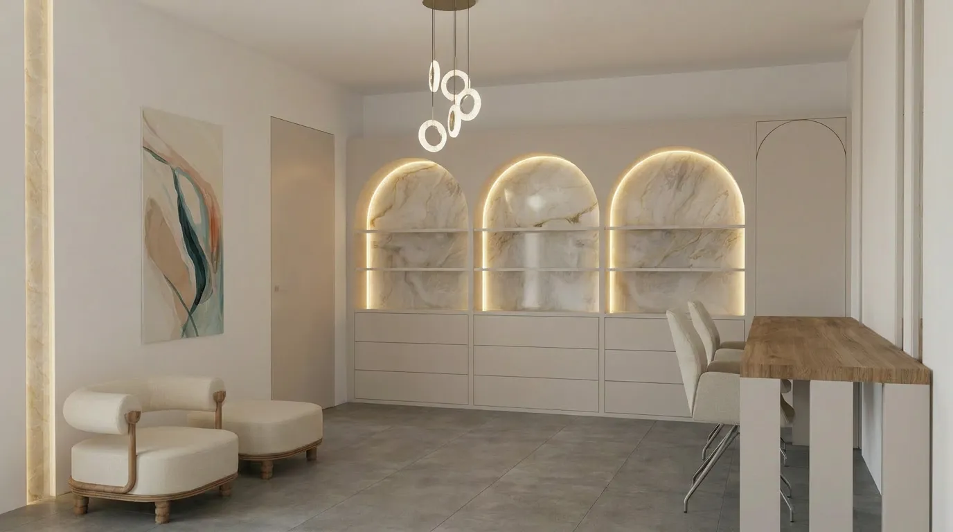 Reading nook with arched backlit onyx shelving, a bouclé armchair and ottoman, and a built-in bench beside a wood table.