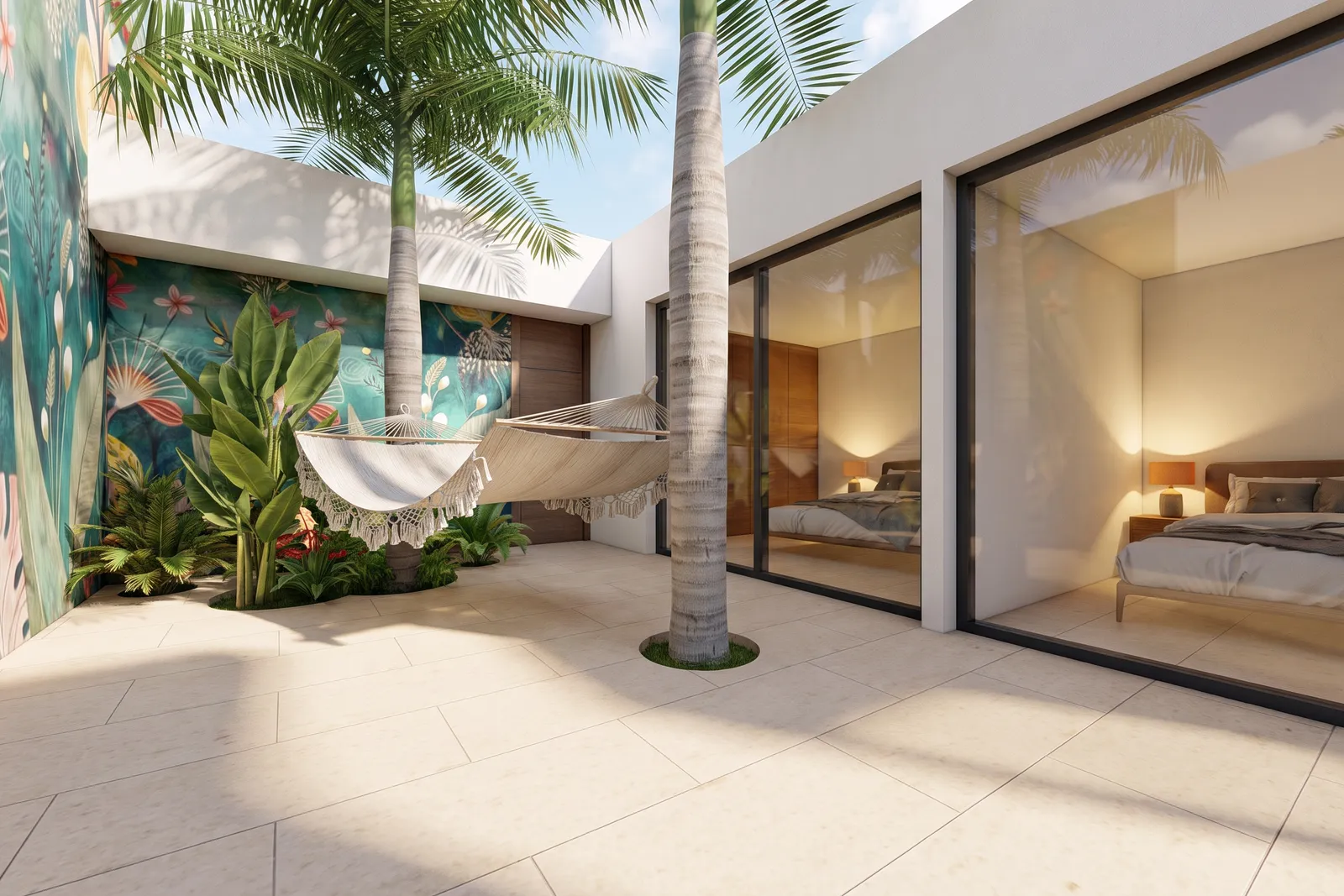 Render of a planted interior patio with tall palms, a woven hammock and a botanical mural wall, opening onto bedrooms through full-height glazing.