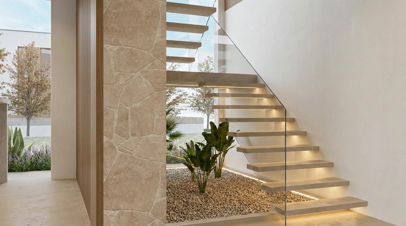Floating stone staircase rising beside a glass balustrade, with a sunken pebble planter and a split-face stone column at its base.