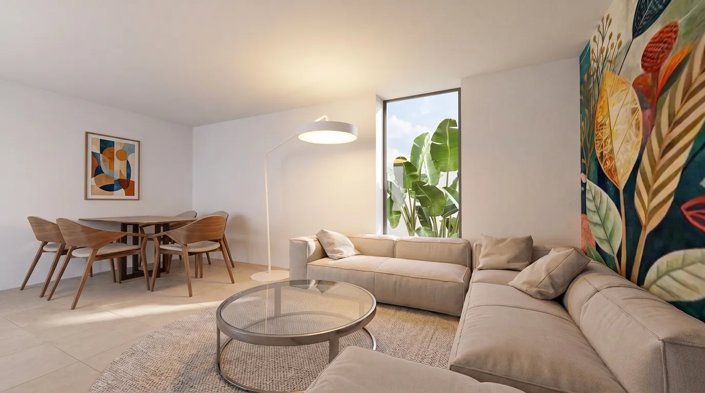 Render of the living and dining area with a corner sofa, wood dining table and a large botanical mural on the end wall.