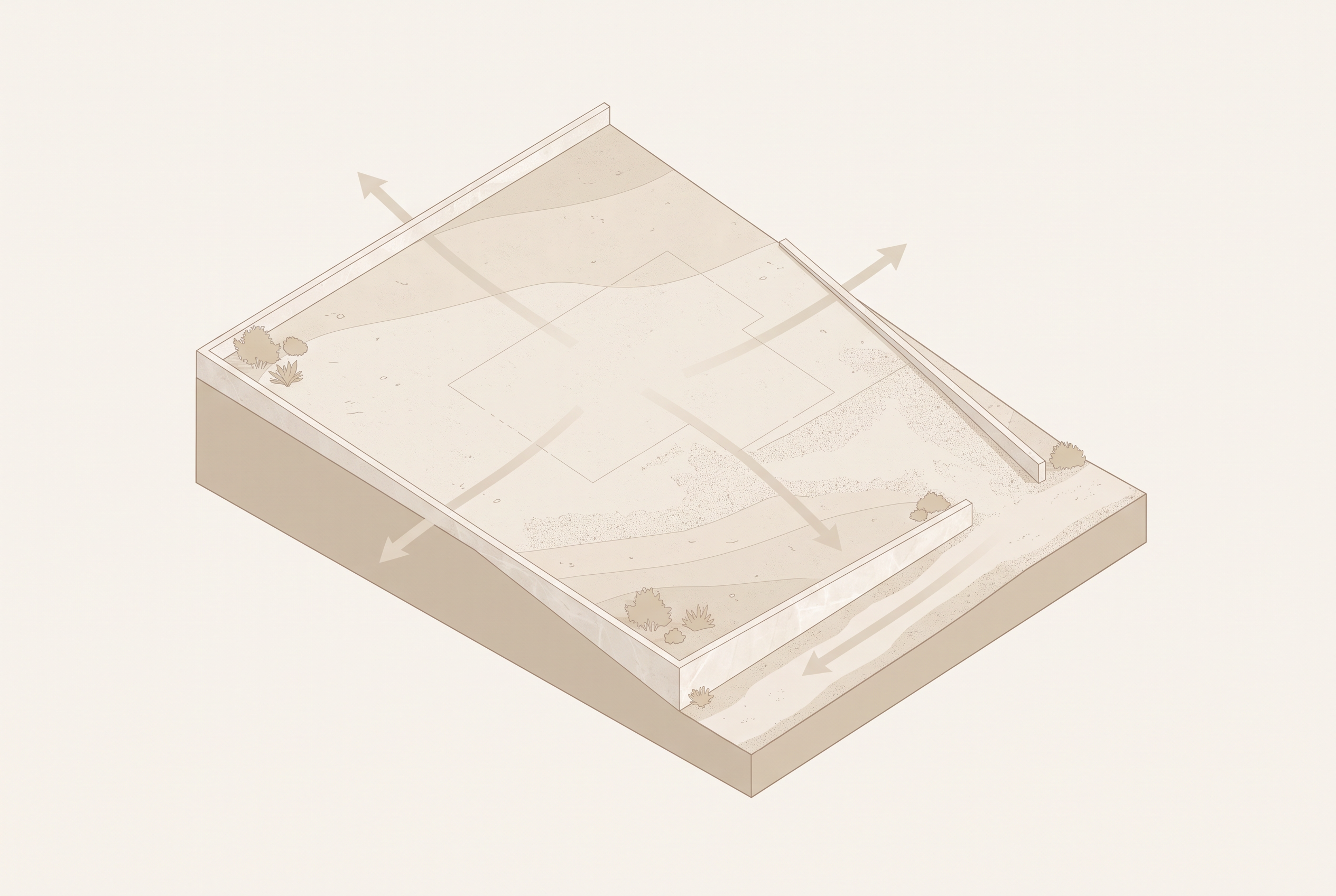 Isometric render of a bare, sloped plot with the building footprint sketched in sand, retaining walls and orientation arrows marking the site.