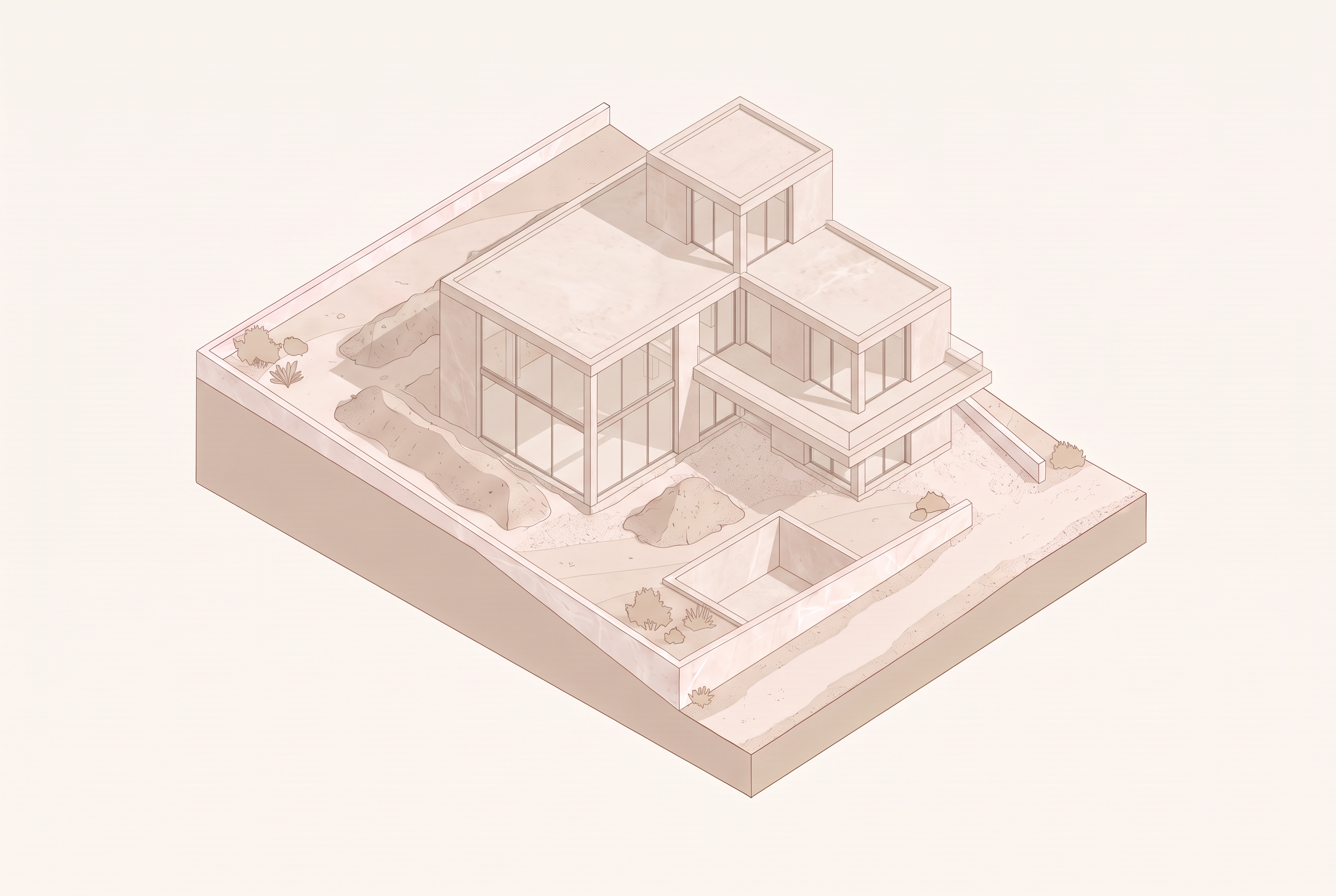 Isometric render of the house closed in with its roof, external walls and floor-to-ceiling glazing in place across both storeys.